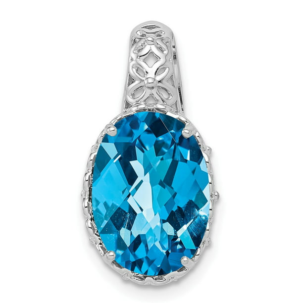FB Jewels Solid 925 Sterling Silver Rhodium-Plated Polished Blue Topaz Round Pendant 